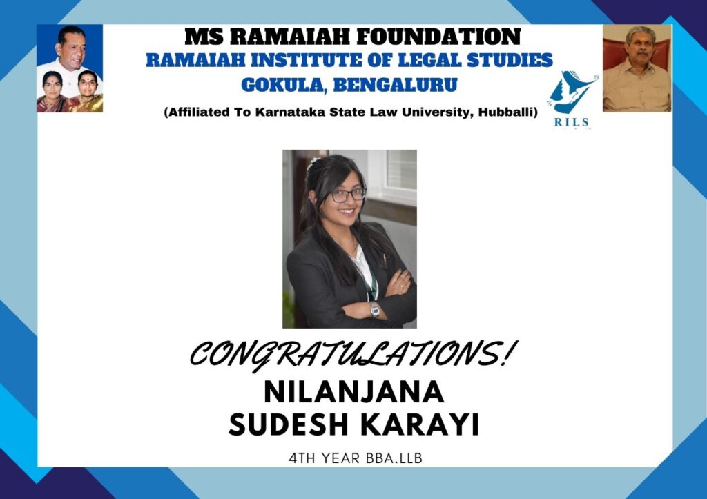 Congratulations to Nilanjana Sudesh Karayi of 4th year BBA.LLB of Ramaiah Institute of Legal Studies for being selected as member of arbitration council of WICCI (Women’s Indian Chamber of Commerce and Industry). We wish you the very best in your endeavours under WICCI.